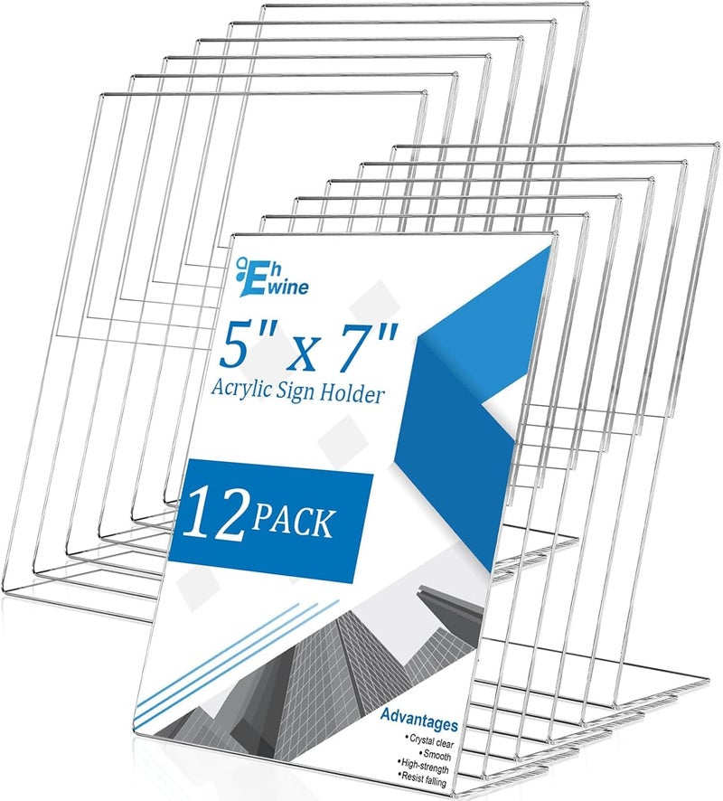 EHWINE 12 Pack 5 x 7 Acrylic Sign Holder, Clear Plastic Signs Display Stand, Vertical Slanted Back Paper Holder Stand up Table Top Sign Holders Flyer Stand Frames Suitable for Office Business Store - Image 1